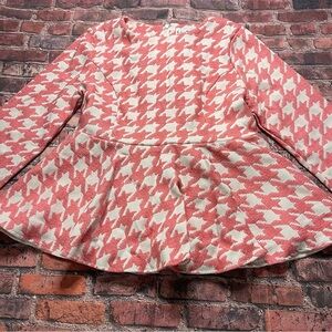 Dainty Jewells Pink White Womens Top Size XL Houndstooth Ruffle Preppy Blouse